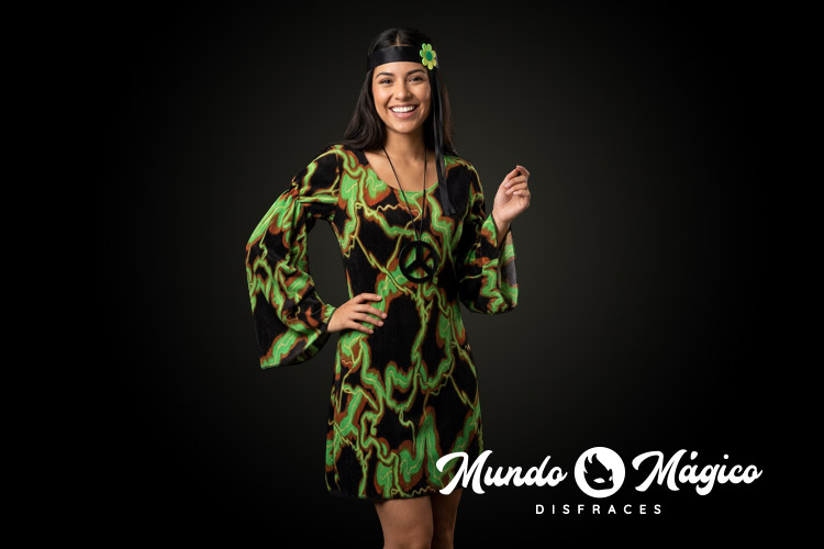 Disfraz de hippie mujer con vestido verde en talla M y L